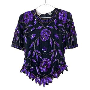 VINTAGE by Laurence Kazar NY Purple Sequined & Beaded Shirt Mega Shoulder Pads